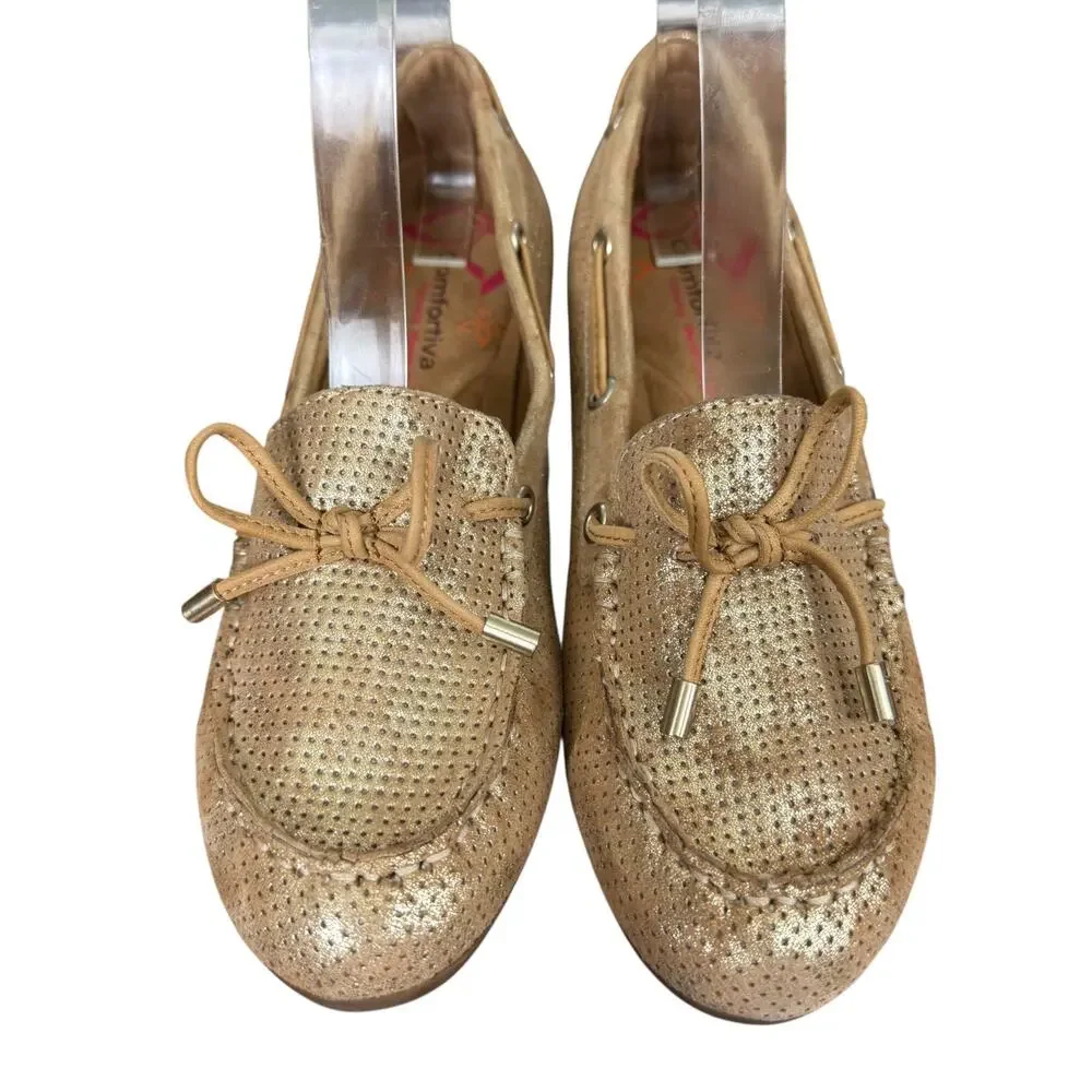 Comfortiva Gold Perforated Leather Slip On Flats Loafers Comfort Shoes sz 7 M